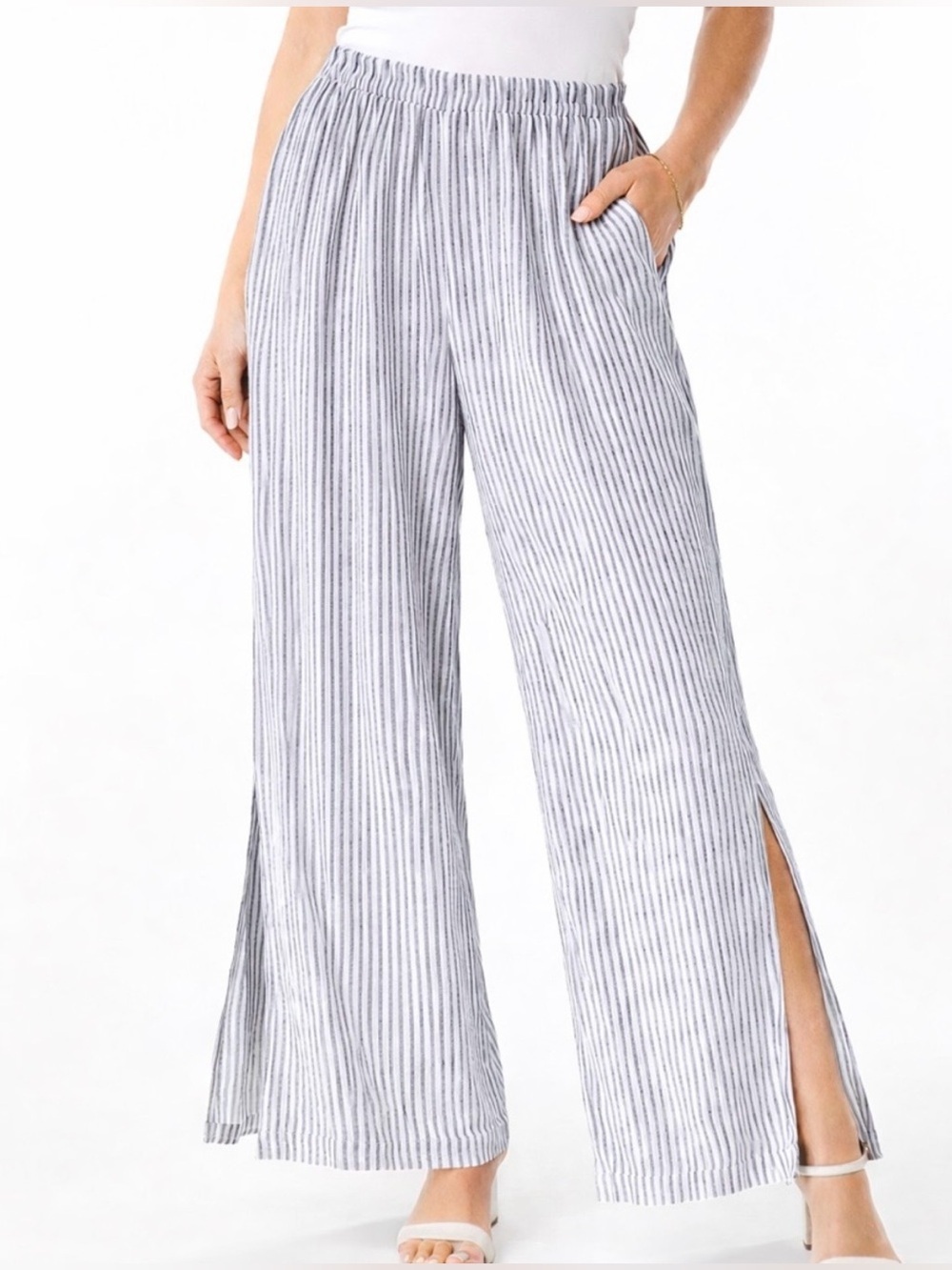 WEST LOOP White Black Striped Split Leg High Rise Pull On Palazzo Pants Sz L